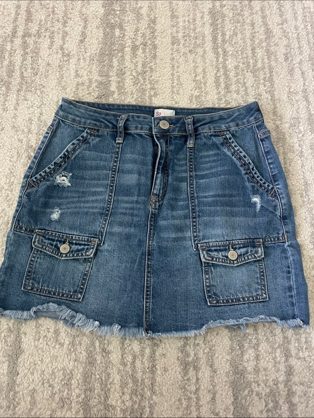SO Distressed Blue Denim Cargo Pocket Mini Skirt